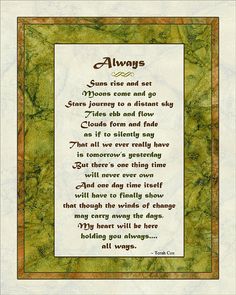 a poem written in green and brown on white paper with an orange border around it