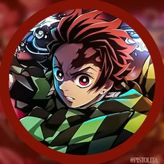 an anime character with red hair and green eyes in front of a circular frame that says,