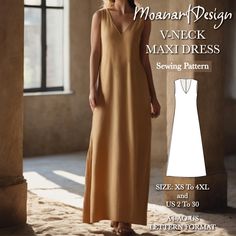 a woman in a long dress standing next to an open window with the words, women's design v - neck maxii dress sewing pattern