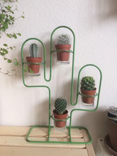 three green metal plant holders with succulents on them