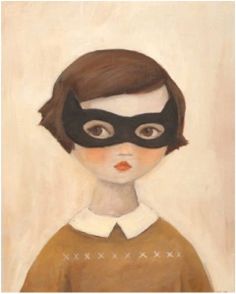 a painting of a boy with a mask on his face, wearing a brown sweater