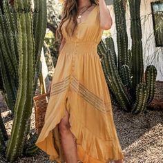 Mustard Summer Maxi Dress Front Button Dress, Boho Fashion Summer, Boho Lace, Button Front Dress, Maxi Robes, Ruffle Hem Dress, Summer Maxi, Button Dress, Summer Maxi Dress