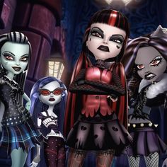 three goth girls standing next to each other in front of a dark room with lights