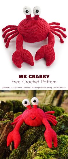 the crocheted crab is sitting on moss