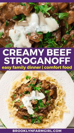 a round plate with pasta noodles topped with beef and smothered in a creamy sauce Creamy Beef Stroganoff Recipe, Creamy Beef Stroganoff, Homemade Beef Stroganoff, Golden Mushroom Soup, Beef Stroganoff Recipe, Beef Stroganoff Easy, Delicious Family Dinners, Easy Pasta Dinner