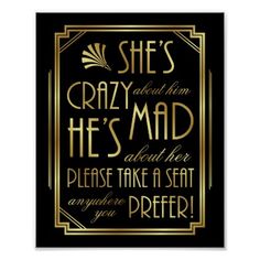 she's crazy about him he's mad quote on a black and gold background