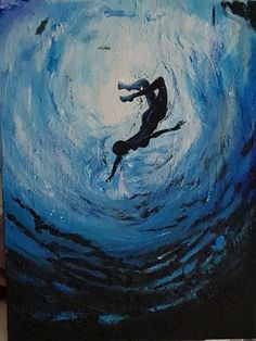 a painting of a person in the middle of a blue ocean with white swirls