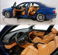 the interior of a blue car with tan leather trims and matching seats is shown