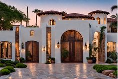 Luxury Mediterranean-style house with arched wooden doors, stone accents, and warm exterior lighting. Mediterranean Mansion Exterior, Modern Spanish Exterior, Mexican Style Homes Exterior, Spanish Mediterranean Homes Exterior, Spanish Style House Exterior, Tuscan House Exterior, Mexican House Aesthetic, Modern Mediterranean Homes Exterior, Italian Mediterranean Homes