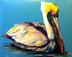 a painting of a pelican floating in the water