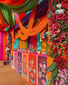 an elaborately decorated banquet area with bright colors