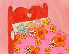 a drawing of two cats sleeping in a bed with pink sheets and flowers on it