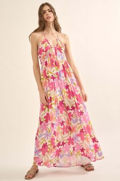 Jungle Blooms Floral Halter Tie-Back Maxi Dress - ShopPromesa Crepe Maxi Dress, Boho Look, Peasant Tops, Halter Neckline, Tie Backs, Raw Edge, Empire Waist, Ankle Length, Chic Outfits