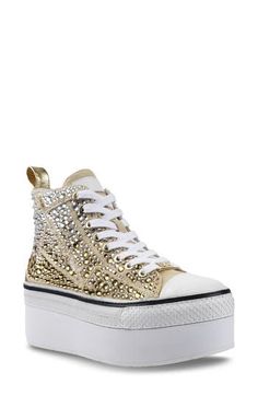 A jewel-encrusted upper lends undeniable glamour to a high-top sneaker lifted by a towering platform sole. 2 1/2" platform Lace-up style Textile upper/leather lining/synthetic sole Imported Jewel Encrusted, Boy Activewear, Walker Shoes, High Top Sneaker, Mens Eyewear, Designer Clothes For Men, Kids Sneakers, Toddler Girl Outfits, Autumn Fashion Women