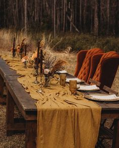 a long table set up with candles, plates and napkins for an outdoor dinner