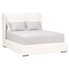 a white bed with two pillows on top of the headboard and foot board, in front of a white background