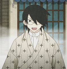 an anime character with black hair and glasses in front of a window wearing a kimono