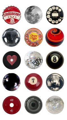 several different types of pool balls with numbers and symbols on the bottom one is red