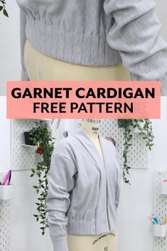 a mannequin wearing a gray cardigan with text overlay that reads, garrett cardigan free pattern