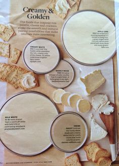 an advertisement for creamy and golden cheeses with crackers on the side, along with other ingredients