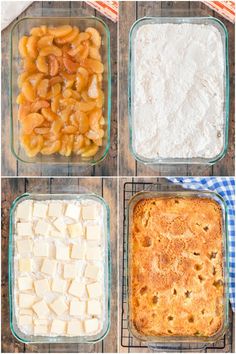 four pictures showing the steps to make an apple cobbler recipe with apples and marshmallows