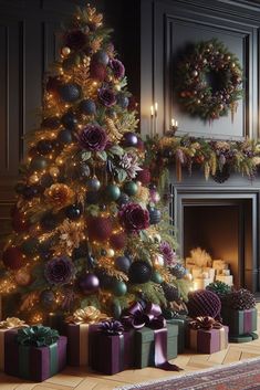 a decorated christmas tree with presents under it