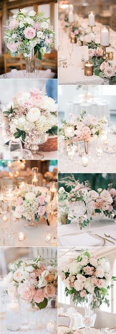 the table is set with flowers and candles for an elegant wedding reception in pastel tones