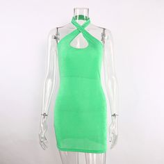 Material: Polyester Fiber (polyester) Style: Sexy Fit: Slim Fabric: Jersey Pattern: Solid Element: Cutout Neckline: Halter Sleeve Type: Others Sleeve Length: Sleeveless Product Type: Bodycon Dress,Cutout Dress Occasion: Party & Club Length: Short Main Composition: Polyester Material Composition: 81%-90% Pattern Type: Solid color Stretch Solid Color Mini Party Dress, Party Stretch Mini Dress In Solid Color, Stretch Solid Color Mini Dress For Party, Summer Bandage Mini Dress, Green Stretch Halter Dress For Night Out, Stretch Green Halter Dress For Night Out, Green Mini Halter Dress For Night Out, Trendy Green Halter Neck Mini Dress, Green Stretch Mini Halter Dress