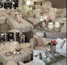 a collage of photos showing living room furniture and flowers in vases on the coffee table