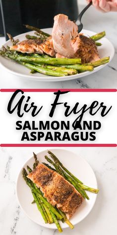 salmon and asparagus on a white plate with the title air fryer salmon and asparagus