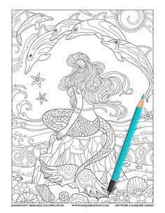 an adult coloring book with a mermaid and dolphins