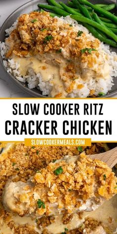 slow cooker ritz cracker chicken in a pan with rice and green beans