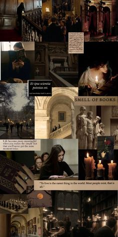 a collage of images with people in them and candles on the steps to an old building