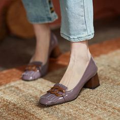 Masie Vintage Fringed Buckle Pumps – watereverysunday Heel Loafers, Square Toe Heels, Leather High Heels, Comfy Shoes, Heels Pumps, Suede Pumps, Heeled Loafers, Mode Vintage, Rubber Heels