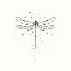 a black and white drawing of a dragonfly with stars on it's wings