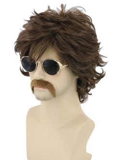 PRICES MAY VARY. Material: 70s men's wigs are made from high quality heat resistant synthetic fibres. It is naturally comfortable and soft to the touch. The ergonomic design makes it easy to wear. Packing: Supplied with 1 wig, 1 cap and 1 beard. One size cap: This wig has an elastic band. This will prevent the wig from falling out easily. Occasion: 70's wigs are great for everyday use, gifts, fancy dress parties, weddings, dates, role play, costumes, discos, Halloween parties and more. Wear it t 70’s Hair, Wigs Brown, Kort Bob, Mens Wigs, Men's Wigs, Wig Party, Halloween Wigs, Estilo Hippie, Natural Wigs