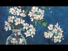 a painting of white flowers in a glass vase on a blue background with stars and bubbles