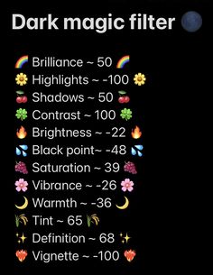 the dark magic filter is shown with different colors and numbers on it's side