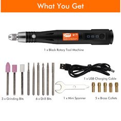 the tools needed to make an electric screwdriver are shown in this image with text that reads, what you get