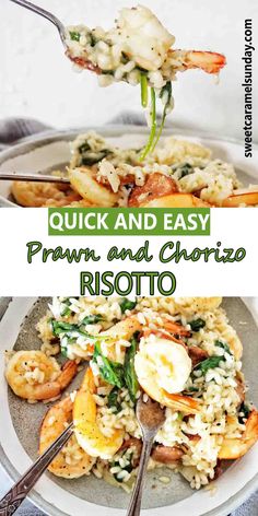 shrimp and chorizo risotto on a plate with text overlay