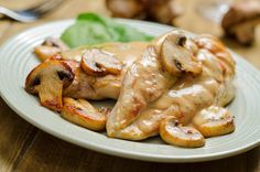 chicken with mushroom gravy on a white plate