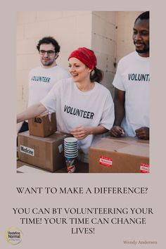 three people wearing volunteer t - shirts and one is holding a cup with the words volunteer on it