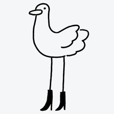 a black and white drawing of a bird with boots on it's feet, standing