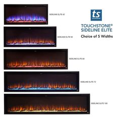 three different types of electric fireplaces with blue and orange flames on the sides, including one