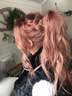 Pink Hair In Ponytail, Rose Gold Hair Aesthetic, Long Rainbow Hair, Dusty Rose Pink Hair, Brown Hair Pink Ends, Pink Hair Updo, Pink Hair Inspiration, Pink Hair Ponytail, Pink Ponytail