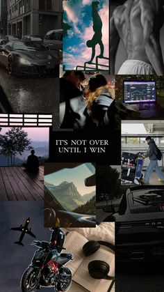 a collage of photos with cars and people in the background, including a man on a motorcycle