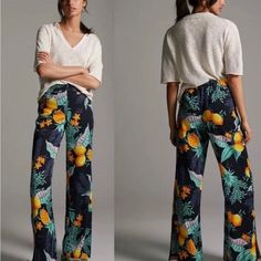 New With Tag Yellow Relaxed Fit Wide Leg Casual Pants, Casual Yellow Wide Leg Pants With Relaxed Fit, Casual Yellow Relaxed Fit Wide Leg Pants, Chic Yellow Loungewear Pants, Chic Yellow Lounge Pants, Casual Yellow Wide-leg Pants, Yellow Relaxed Fit Wide Leg Pants, High Waist Yellow Pants For Vacation, Spring Lemon Print Bottoms