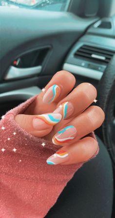 Cute Nail Ideas Spring, Cute Elegant Nail Ideas, Travel Nail Ideas, Fun Vacation Nails The Beach White, Spring Inspired Nail Designs, Four Color Nail Design, Gel Liner Nail Art Ideas, Groovy Nail Designs Short, Long Oval Nails Designs Summer