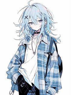 an anime character with white hair and blue eyes wearing a plaid shirt, black pants and boots