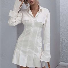 Super On Trend Right Now! Shein Button Up Dress. Really Cute On Its Own Or With A Vest On Top. Never Worn Bohemian Floral Dress, Mock Neck Bodycon Dress, Green Summer Dresses, Bird Dress, White Bodycon, Golf Dresses, White Bodycon Dress, Bodycon Dress With Sleeves, Checkered Dress